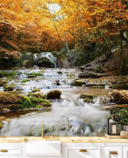 vattenfall skog tapetväggmålning kallad Natural Autumn Waterfall för sovrum och lounger