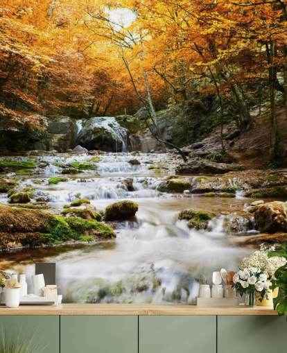 waterfall forest wallpaper mural called Natural Autumn Waterfall for bedrooms and lounges