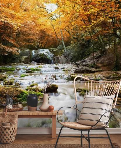 vattenfall skog tapetväggmålning kallad Natural Autumn Waterfall för sovrum och lounger