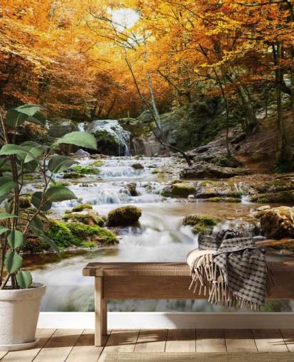 mural de papel pintado con forma de cascada y bosque llamado Cascada de Otoño Natural para dormitorios y salones