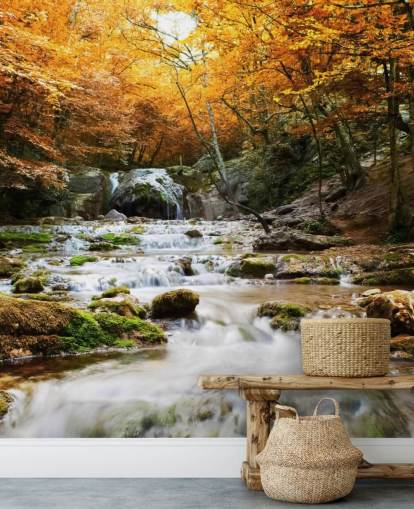 papier peint mural de forêt en cascade appelé Natural Autumn Waterfall pour chambres et salons