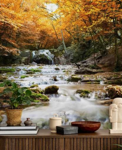 waterval bos behangmuurschildering genaamd Natural Autumn Waterfall voor slaapkamers en lounges