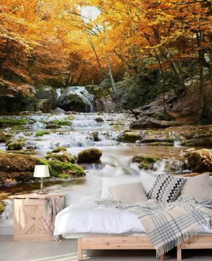 waterfall forest wallpaper mural called Natural Autumn Waterfall for bedrooms and lounges