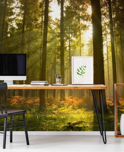 grønt og brunt tilpasset skogstapetveggmaleri kalt Beautiful Forest for soverom eller kontorer 