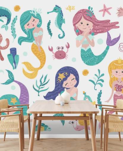 cartoon of mermaids and ocean friends in pastel tones wallpaper cartoon of mermaids and ocean friends in pastel tones wallpaper