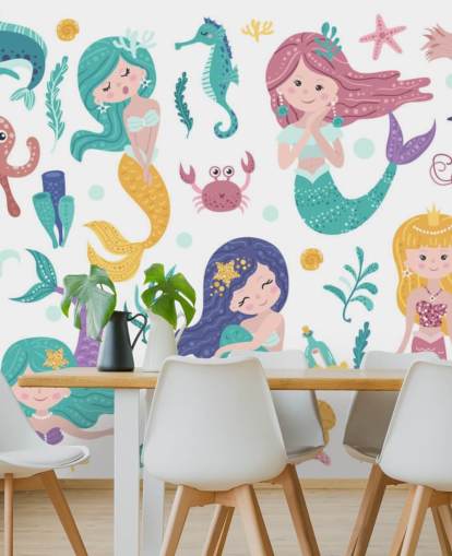 cartoon of mermaids and ocean friends in pastel tones wallpaper