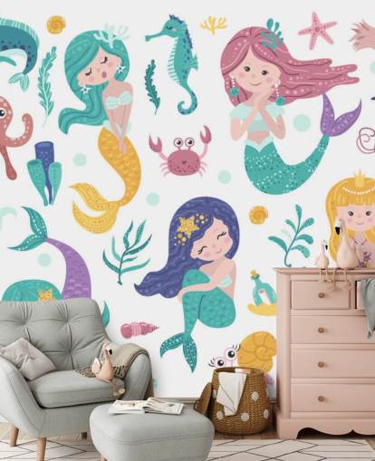 dibujos animados de sirenas y amigos del océano en tonos pastel fondo de pantalla