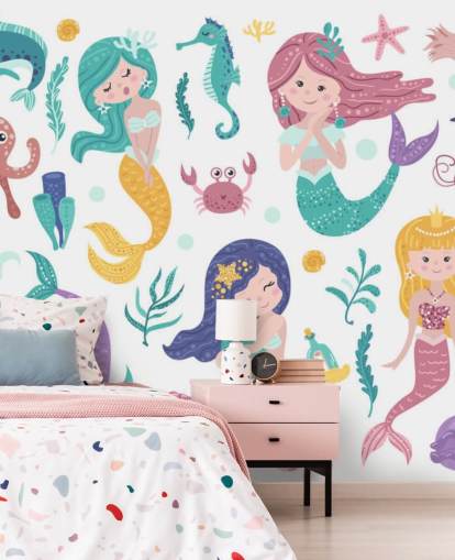 cartoon of mermaids and ocean friends in pastel tones wallpaper