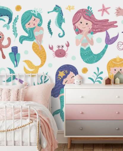 desenhos animados de sereias e amigos do oceano em tons pastel papel de parede