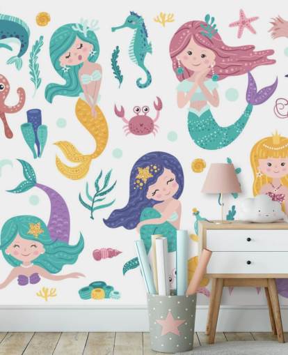 cartoon van zeemeerminnen en oceaanvrienden in pasteltinten behang cartoon van zeemeerminnen en oceaanvrienden in pasteltinten behang