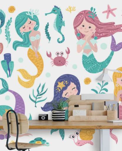 cartoon of mermaids and ocean friends in pastel tones wallpaper