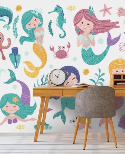 cartoon of mermaids and ocean friends in pastel tones wallpaper