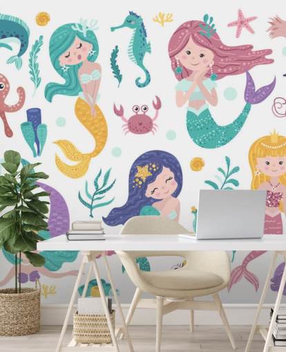 dibujos animados de sirenas y amigos del océano en tonos pastel fondo de pantalla