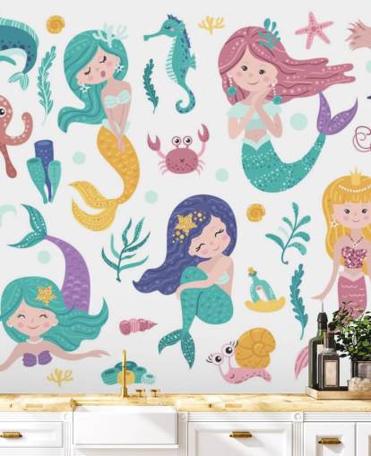 cartoon of mermaids and ocean friends in pastel tones wallpaper