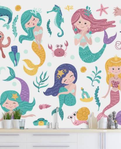 cartoon of mermaids and ocean friends in pastel tones wallpaper cartoon of mermaids and ocean friends in pastel tones wallpaper