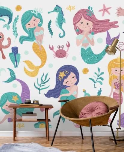 cartoon of mermaids and ocean friends in pastel tones wallpaper