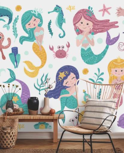 cartoon of mermaids and ocean friends in pastel tones wallpaper