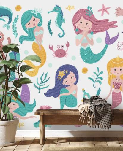cartoon of mermaids and ocean friends in pastel tones wallpaper