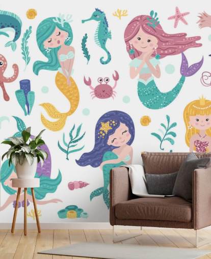 cartoon of mermaids and ocean friends in pastel tones wallpaper