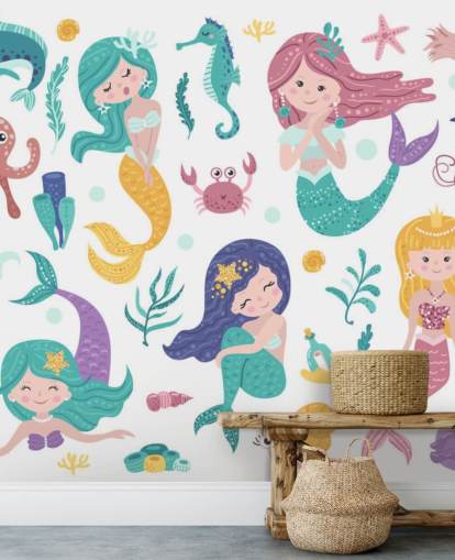 cartoon of mermaids and ocean friends in pastel tones wallpaper