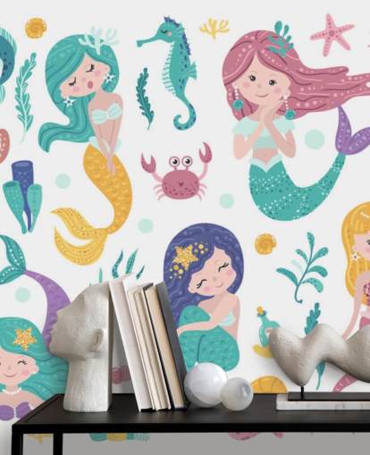 cartoon of mermaids and ocean friends in pastel tones wallpaper