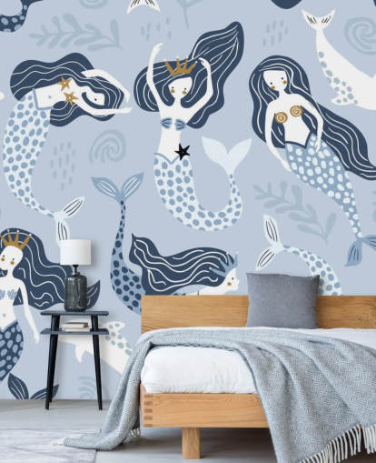 blue cartoon mermaids and dolphins wallpaper