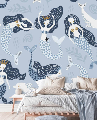 blue cartoon mermaids and dolphins wallpaper