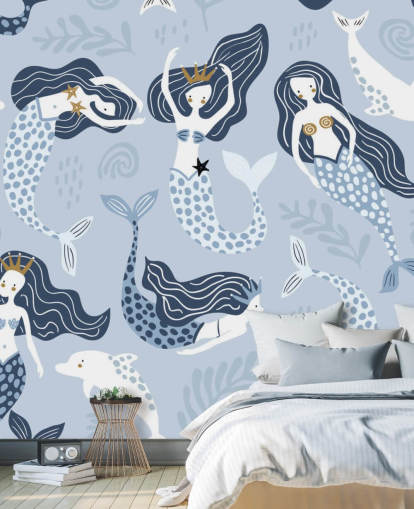 fond d'écran sirènes et dauphins dessin animé bleu