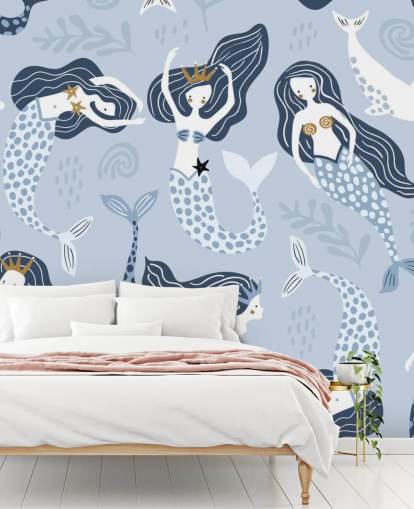 fond d'écran sirènes et dauphins dessin animé bleu