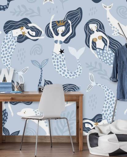 blauw cartoon zeemeerminnen en dolfijnen behang