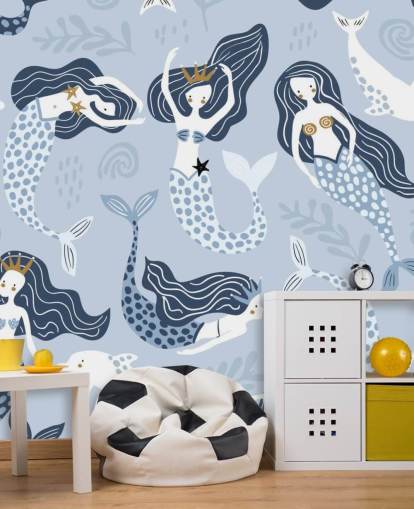 carta da parati blu con sirene e delfini