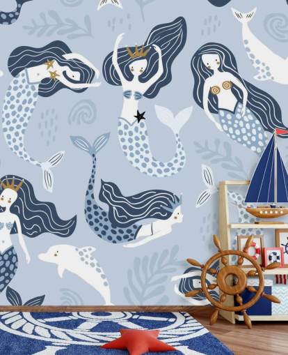 carta da parati blu con sirene e delfini