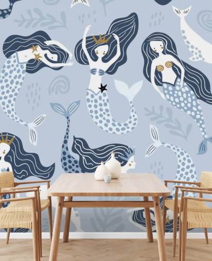 carta da parati blu con sirene e delfini