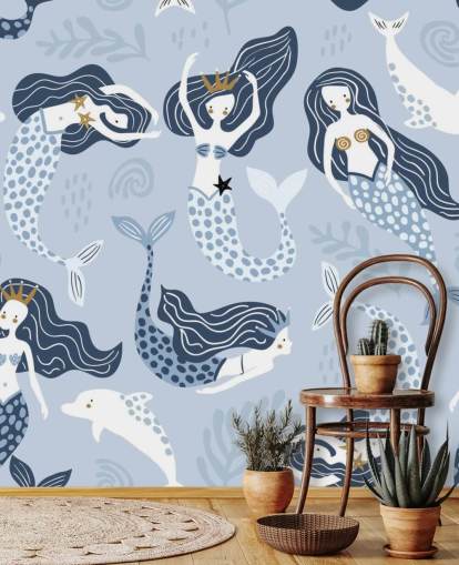 fondo de pantalla de sirenas y delfines de dibujos animados azules