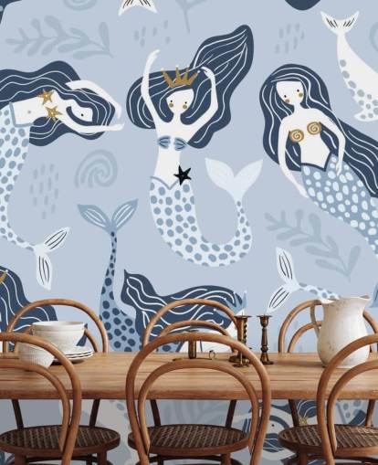 fondo de pantalla de sirenas y delfines de dibujos animados azules