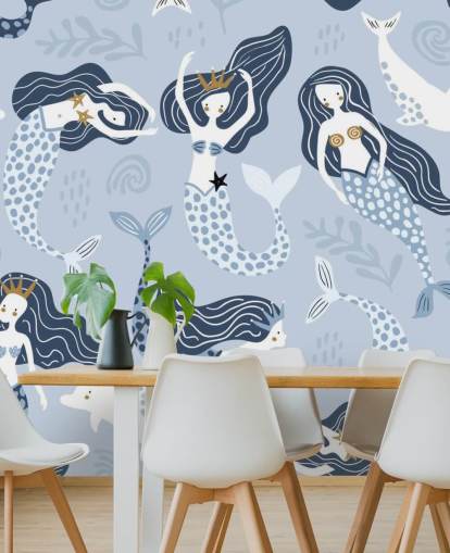 blue cartoon mermaids and dolphins wallpaper