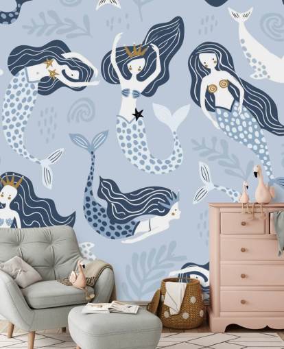 fond d'écran sirènes et dauphins dessin animé bleu