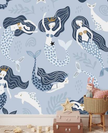 blue cartoon mermaids and dolphins wallpaper