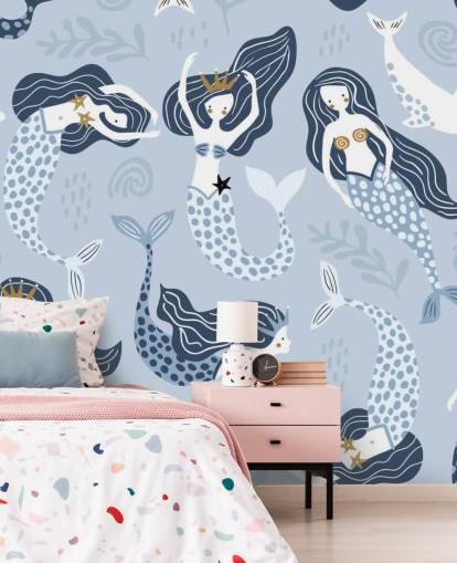 blauw cartoon zeemeerminnen en dolfijnen behang