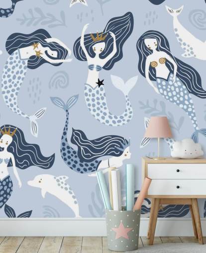 papel de parede azul sereias e golfinhos dos desenhos animados