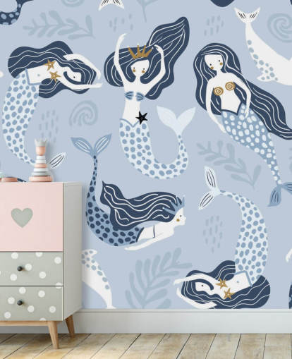 papel de parede azul sereias e golfinhos dos desenhos animados