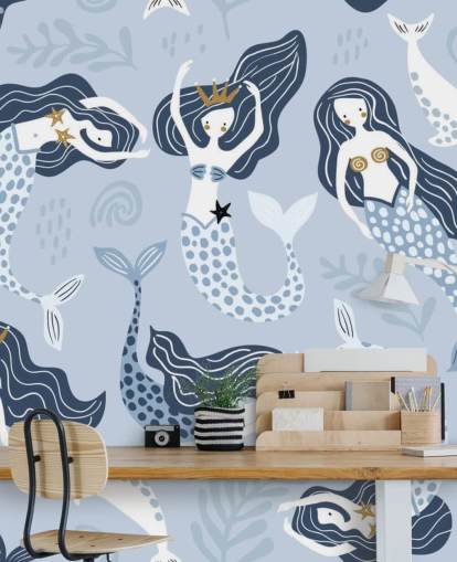 carta da parati blu con sirene e delfini carta da parati blu con sirene e delfini