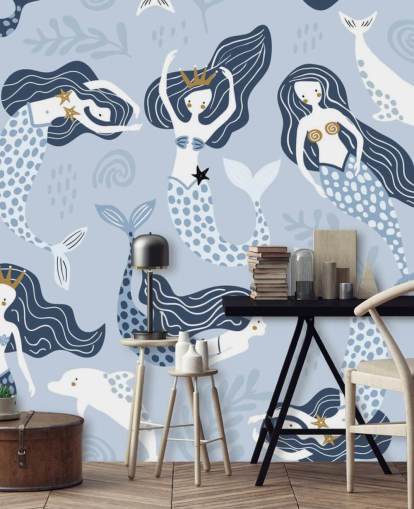 fondo de pantalla de sirenas y delfines de dibujos animados azules