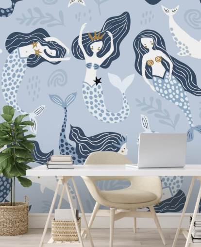 blue cartoon mermaids and dolphins wallpaper