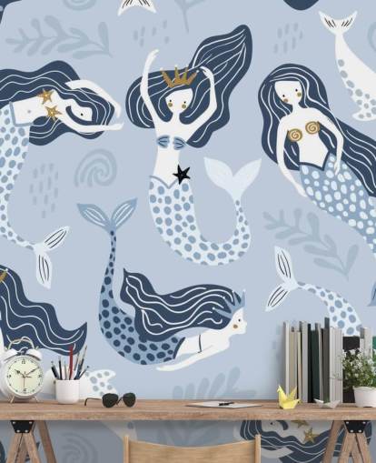 blue cartoon mermaids and dolphins wallpaper blue cartoon mermaids and dolphins wallpaper