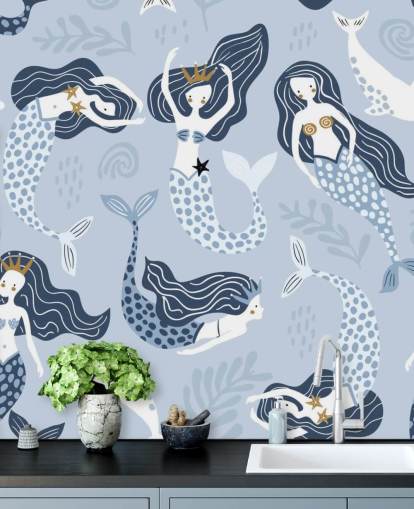 fondo de pantalla de sirenas y delfines de dibujos animados azules