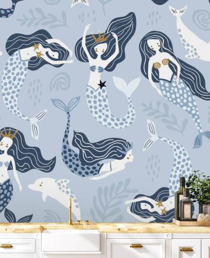 blue cartoon mermaids and dolphins wallpaper blue cartoon mermaids and dolphins wallpaper