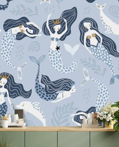 blue cartoon mermaids and dolphins wallpaper