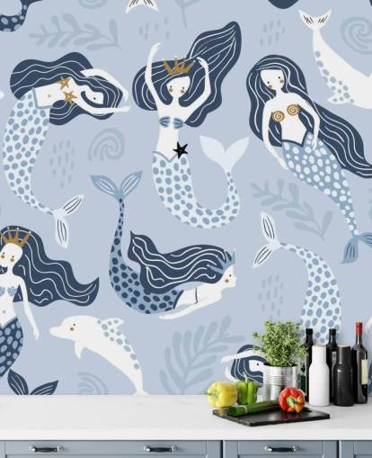 blue cartoon mermaids and dolphins wallpaper