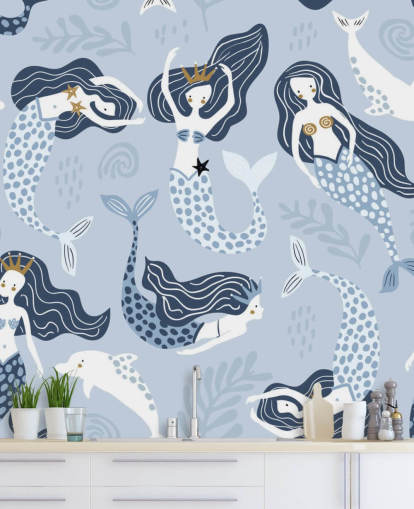 blue cartoon mermaids and dolphins wallpaper blue cartoon mermaids and dolphins wallpaper